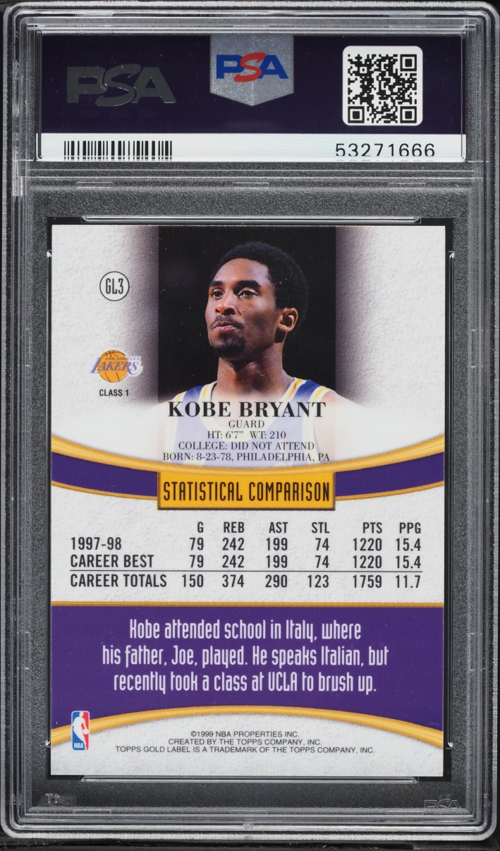 1998 Topps Gold Label Kobe Bryant #GL3 PSA 9 MINT - Photo 2