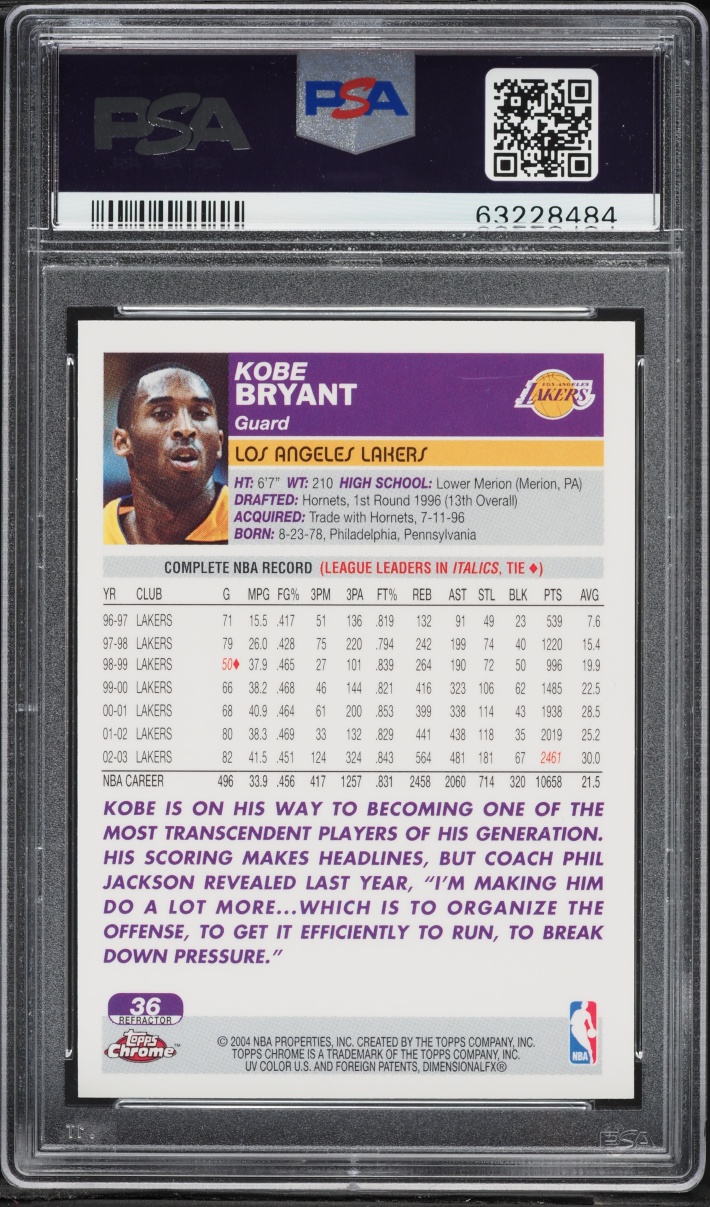 2003 Topps Chrome Refractor Kobe Bryant #36 PSA 9 MINT - Photo 2