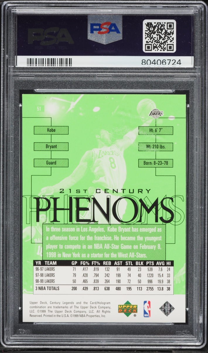 1998 Upper Deck Century Legends Phenoms Kobe Bryant #51 PSA 9 MINT - Photo 2
