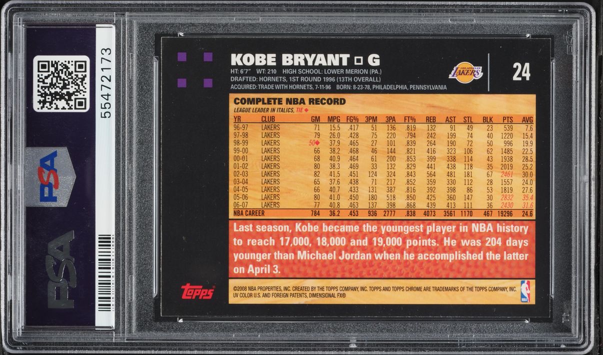 2007 Topps Chrome Kobe Bryant #24 PSA 9 MINT - Photo 2