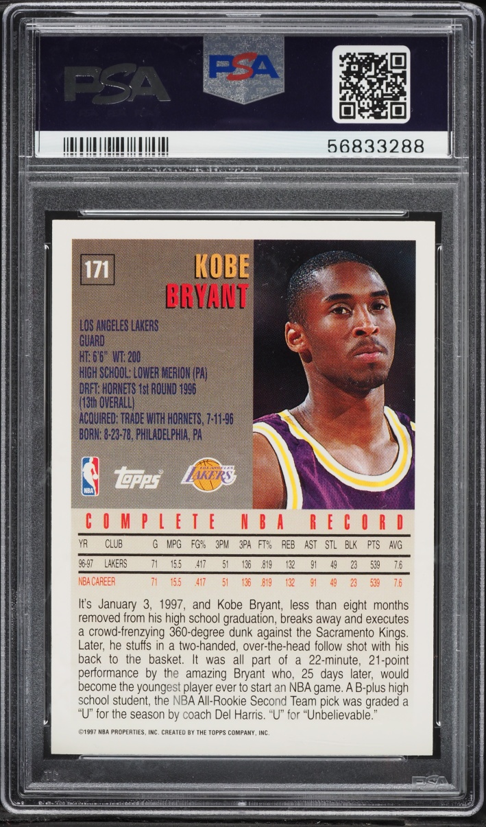 1997 Topps Minted In Springfield Kobe Bryant #171 PSA 9 MINT - Photo 2