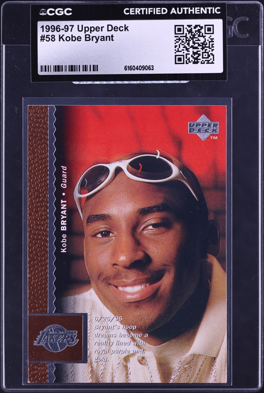 1996 Upper Deck Basketball Kobe Bryant ROOKIE #58 CGC AUTH