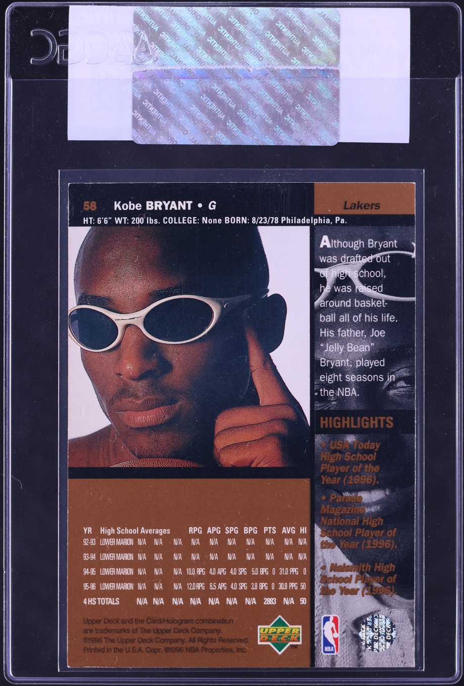 1996 Upper Deck Basketball Kobe Bryant ROOKIE #58 CGC AUTH