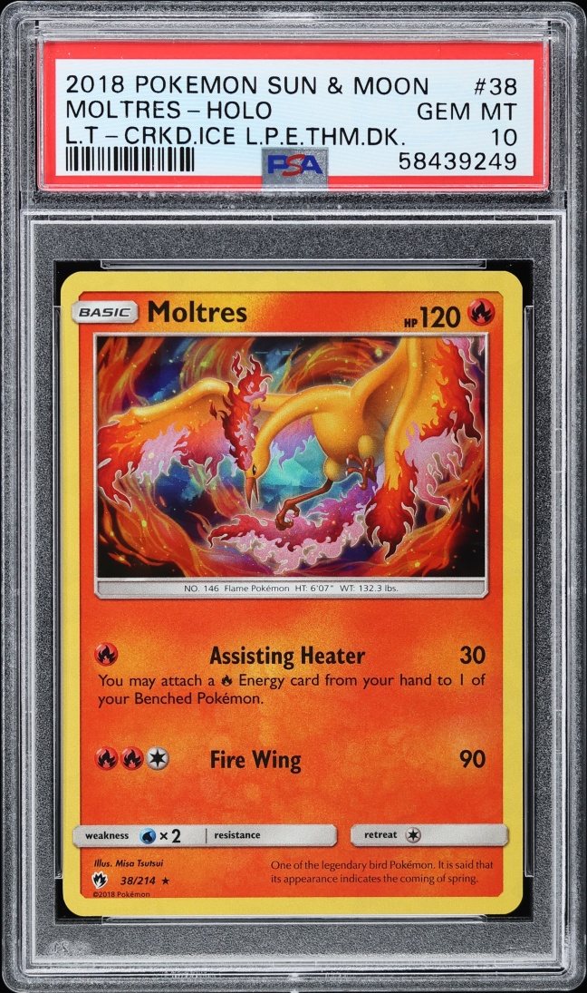 2018 Pokemon Sun & Moon Lost Thunder Cracked Ice Holo Moltres #38 PSA 10 GEM MINT