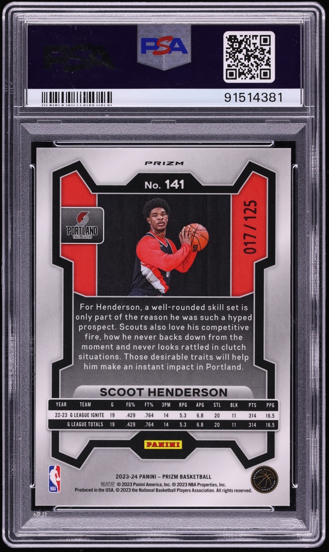 2023 Panini Prizm Blue Ice Scoot Henderson ROOKIE /125 #141 PSA 10 GEM MINT
