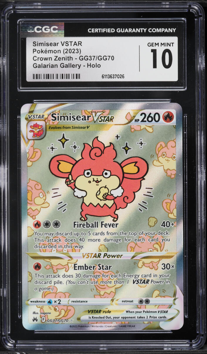2023 Pokemon Sword & Shield Crown Zenith Alt Art Simisear VSTAR #GG37 CGC 10 GEM MINT