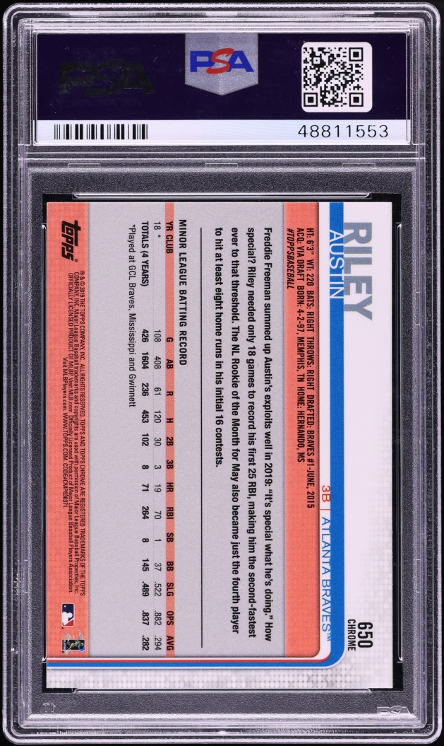 2019 Topps Chrome Sapphire Edition Austin Riley ROOKIE #650 PSA 10 GEM MINT