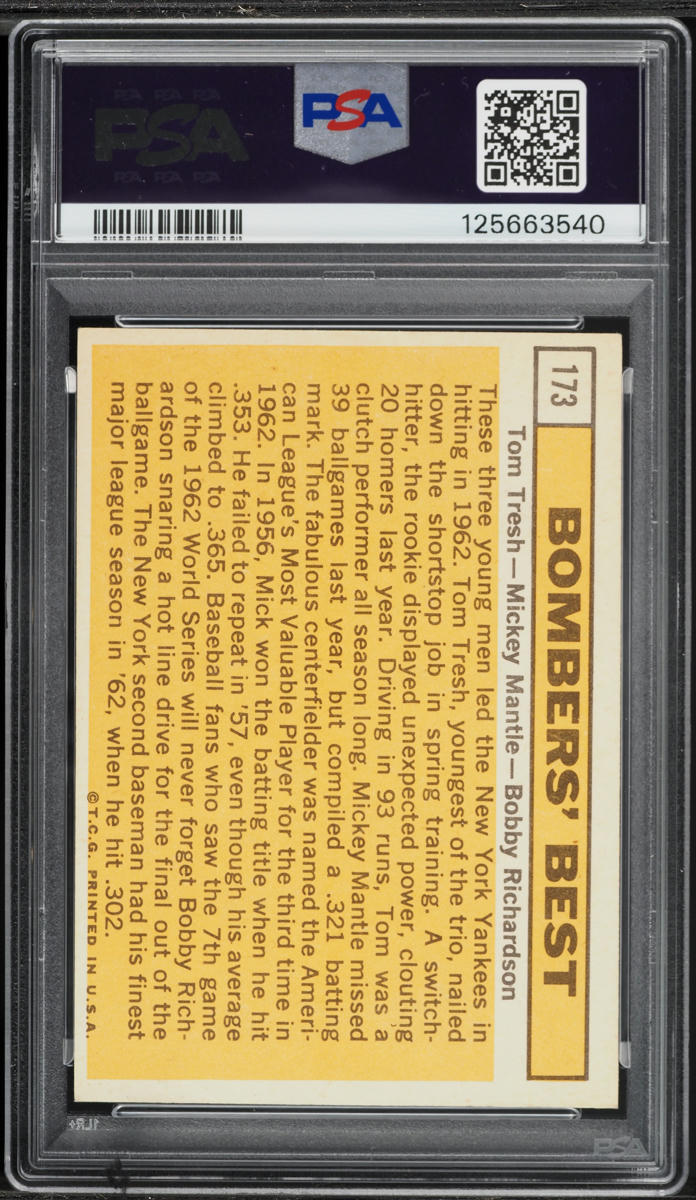 1963 Topps Tom Tresh Mickey Mantle Bobby Richardson BOMERS' BEST #173 PSA 4 VGEX