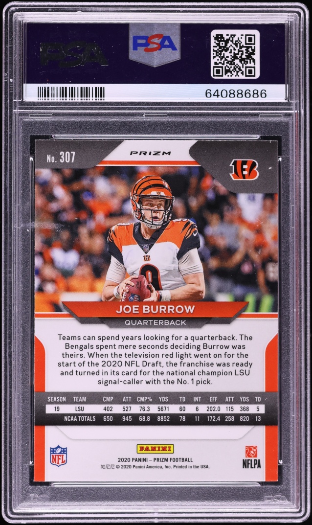 2020 Panini Prizm Lazer Joe Burrow ROOKIE #307 PSA 10 GEM MINT