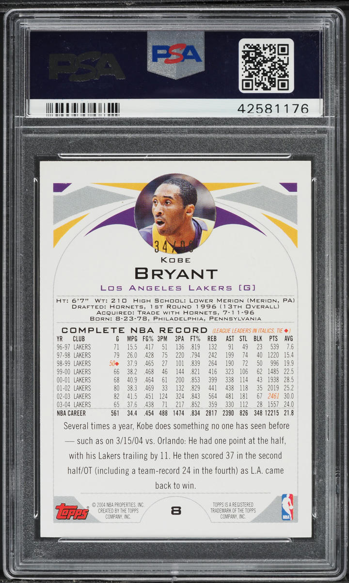 2004 Topps Gold Kobe Bryant /99 #8 PSA 9 MINT