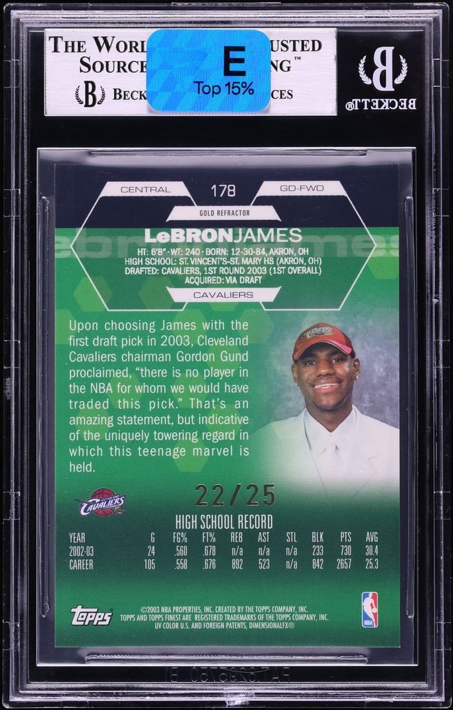 2002 Finest Gold Refractor LeBron James ROOKIE /25 #178 BGS 8.5 NM-MT+