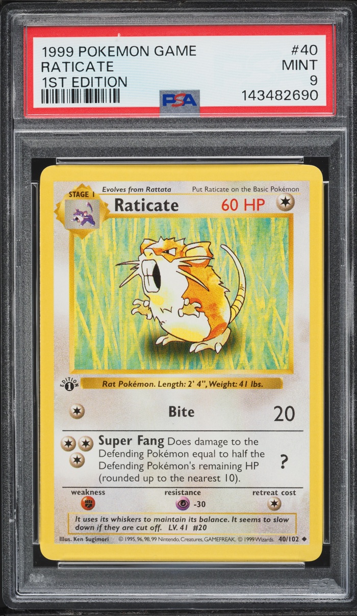 1999 Pokemon Base Set Shadowless 1st Edition Raticate #40 PSA 9 MINT