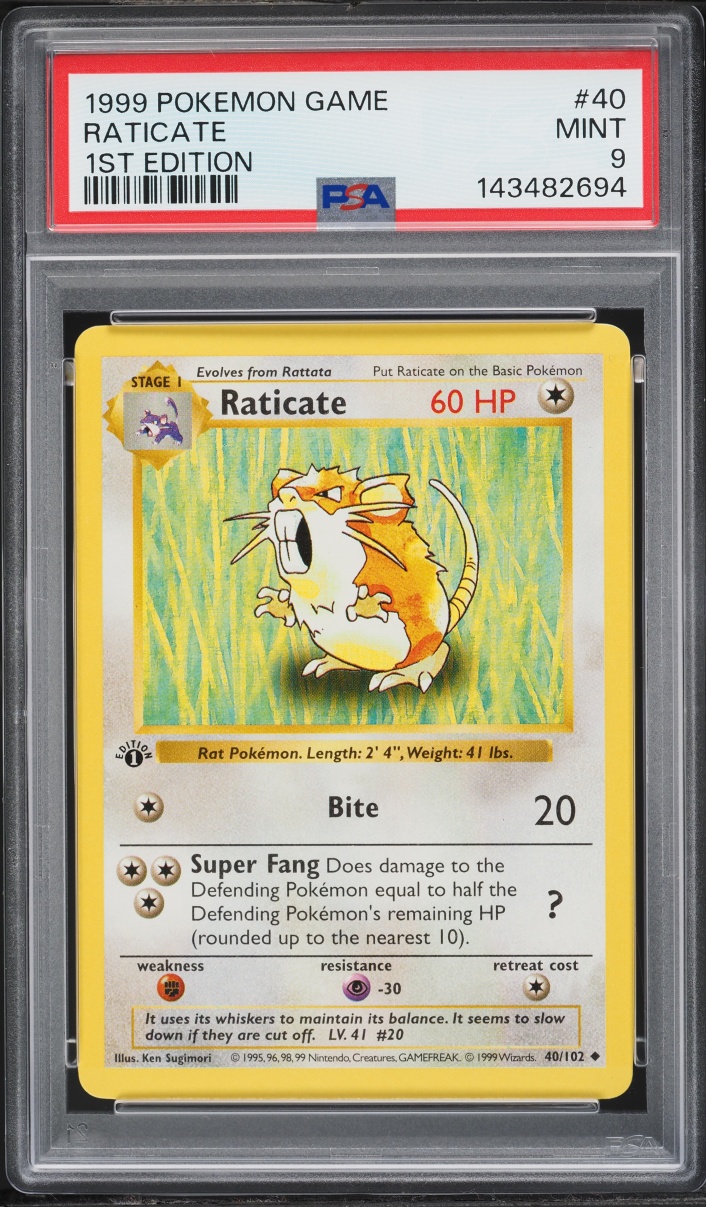 1999 Pokemon Base Set Holo Shadowless 1st Edition Raticate #40 PSA 9 MINT