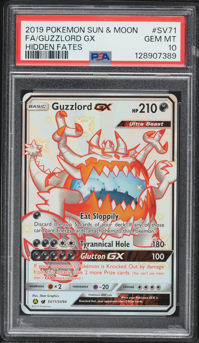 2019 Pokemon Sun & Moon Hidden Fates Full Art Guzzlord GX #SV71 PSA 10 GEM MINT