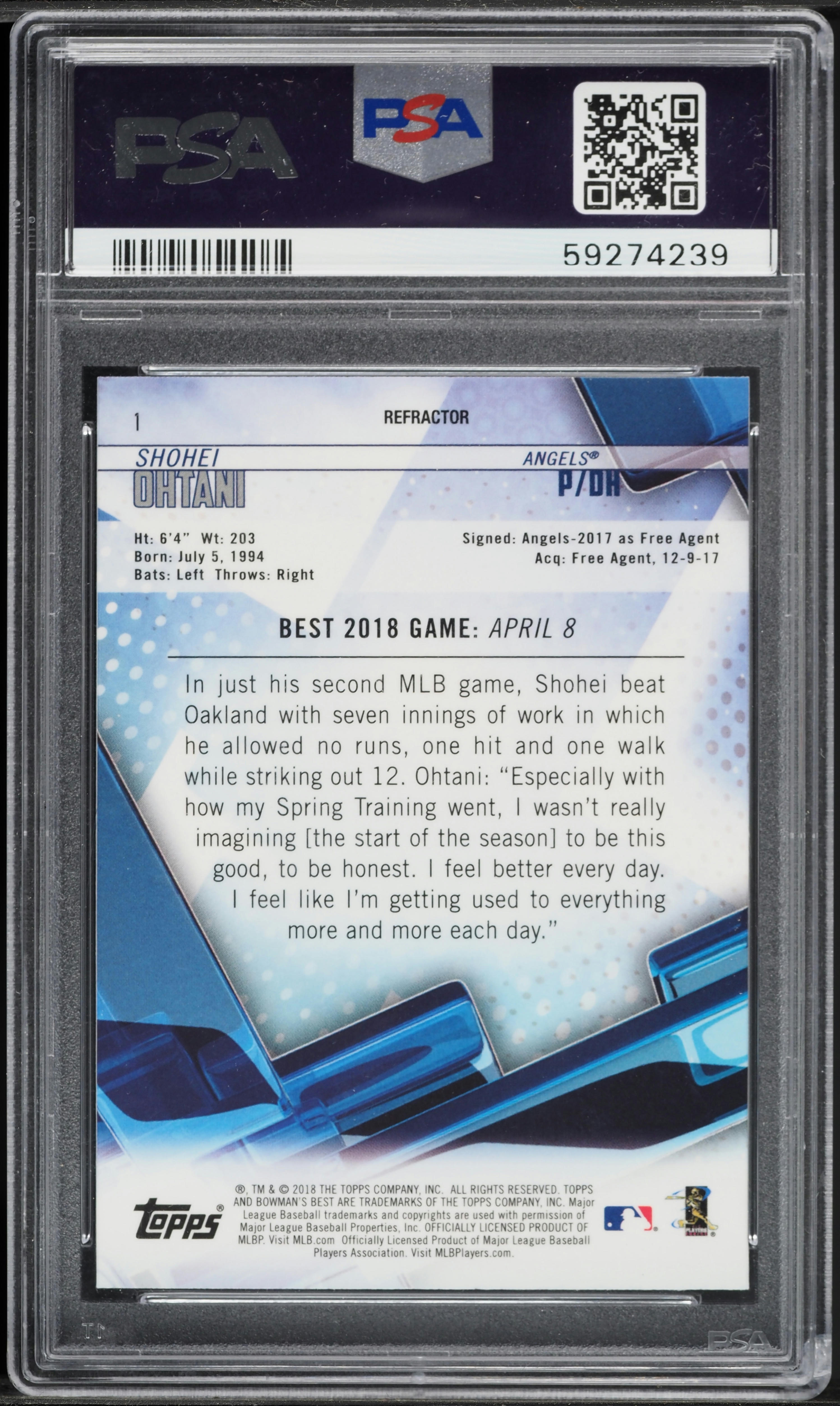 2018 Bowman's Best Refractor Shohei Ohtani ROOKIE #1 PSA 10