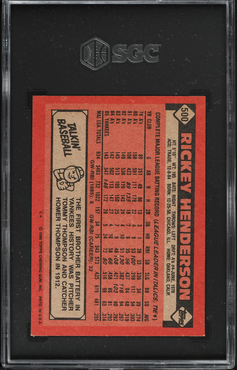 1986 Topps Rickey Henderson #500 SGC 7 NRMT