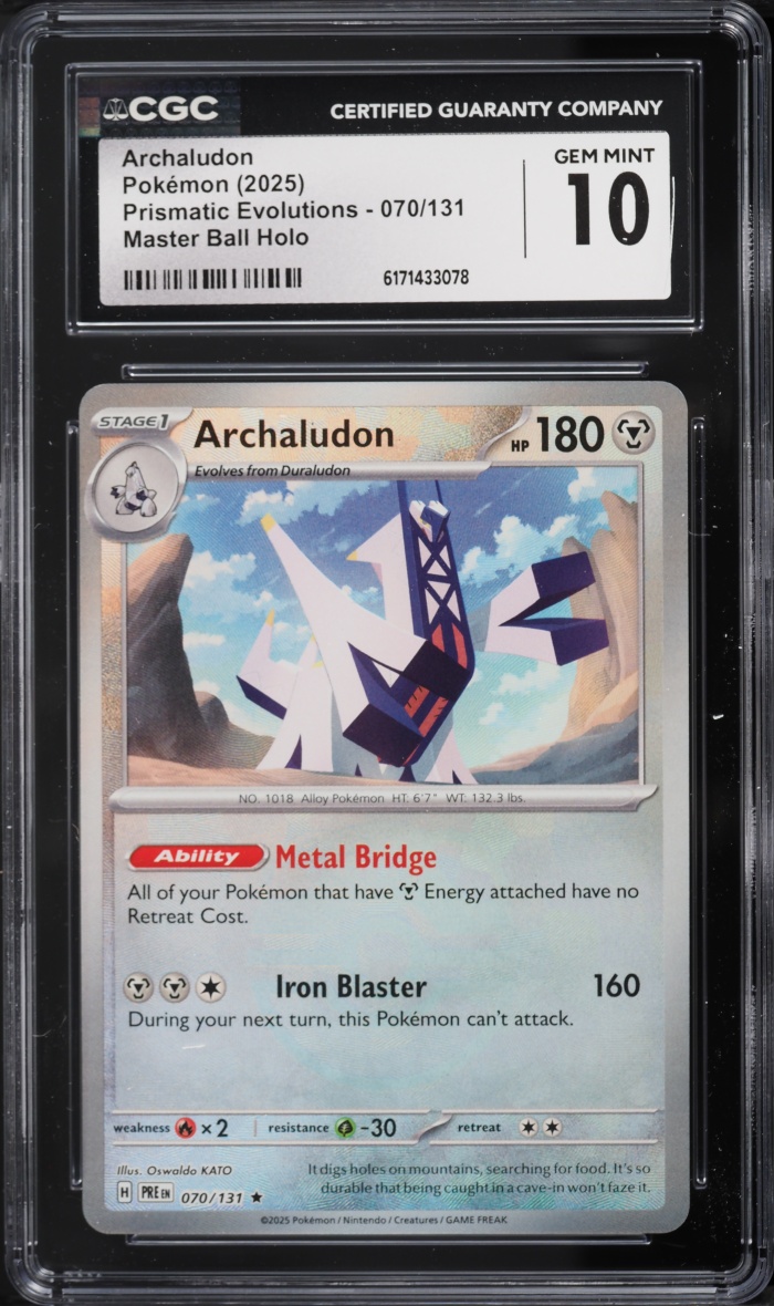 2025 Pokemon Scarlet & Violet Prismatic Evolutions Master Ball Holo Archaludon #70 CGC 10 GEM
