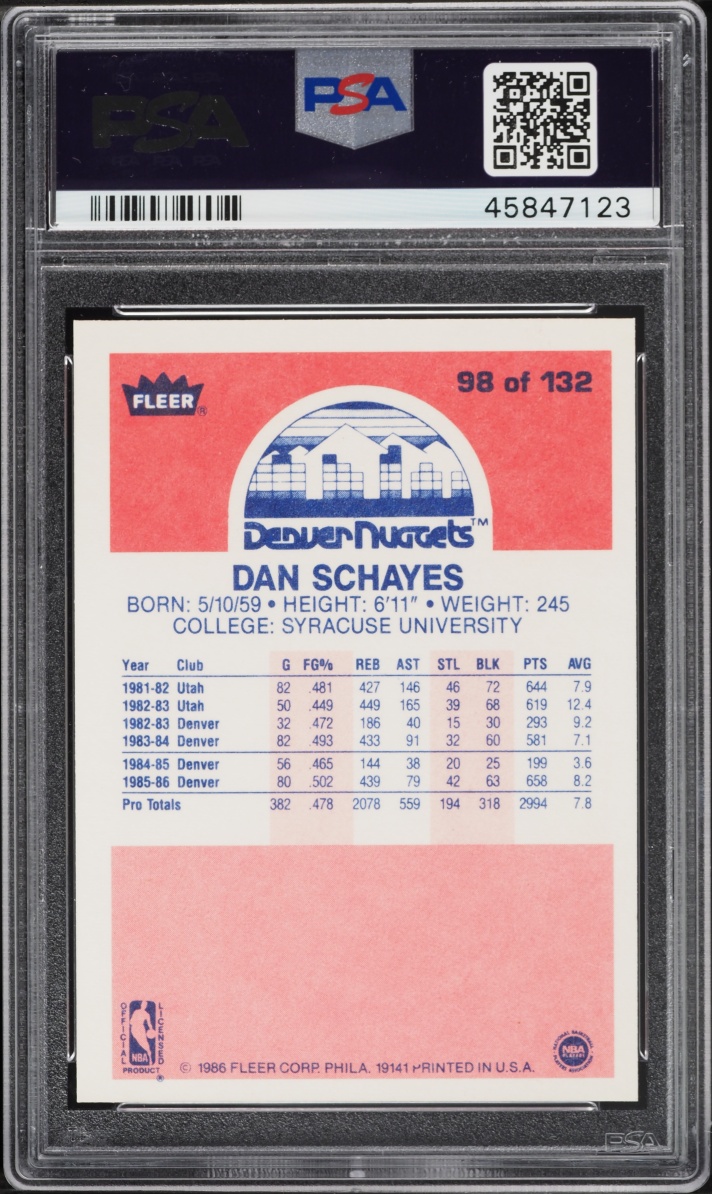 1986 Fleer Basketball Dan Schayes #98 PSA 9 MINT