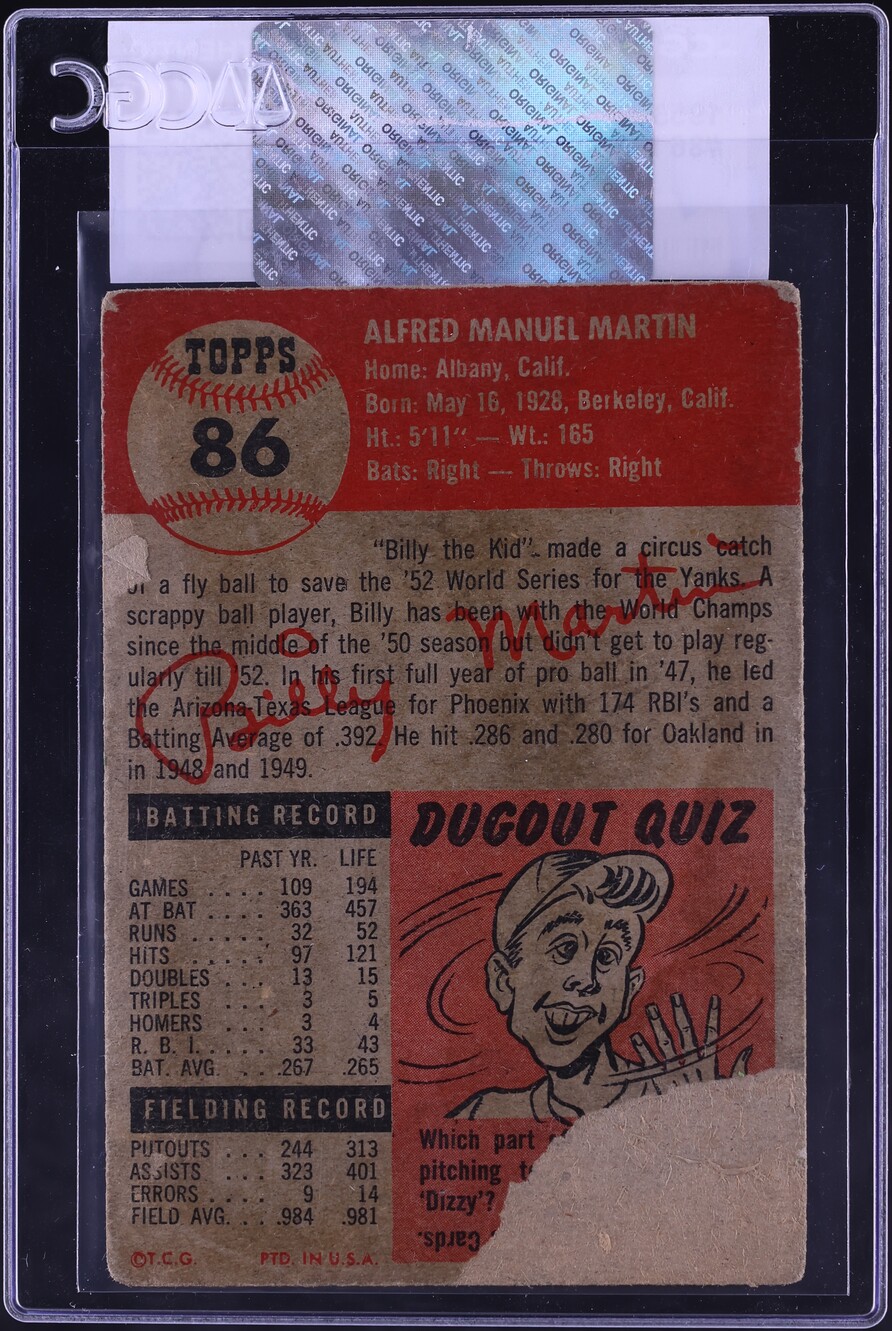 1953 Topps Billy Martin #86 CGC AUTH