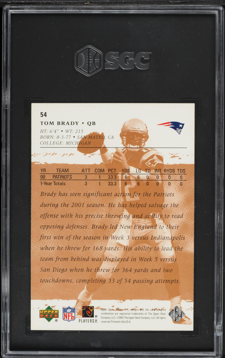 2001 Upper Deck Rookie F/X Tom Brady #54 SGC 9 MINT