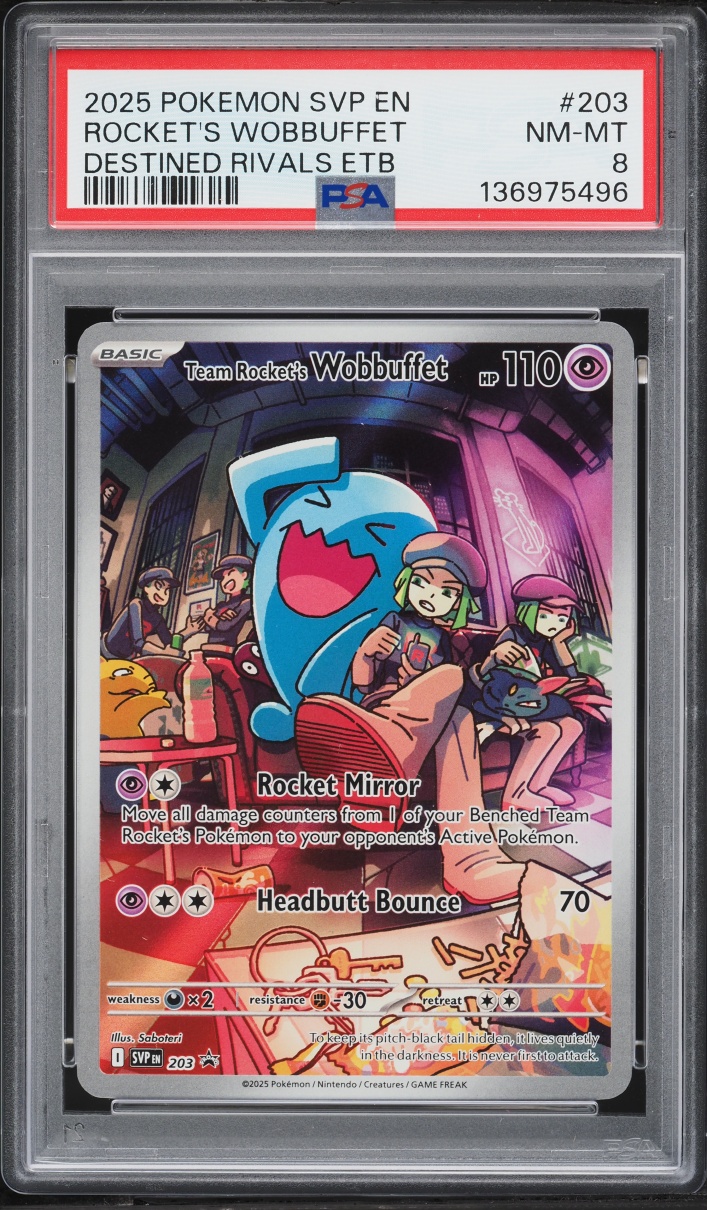 2025 Pokemon SV Promo Destined Rivals ETB Full Art Team Rocket's Wobbuffet #203 PSA 8 NM-MT