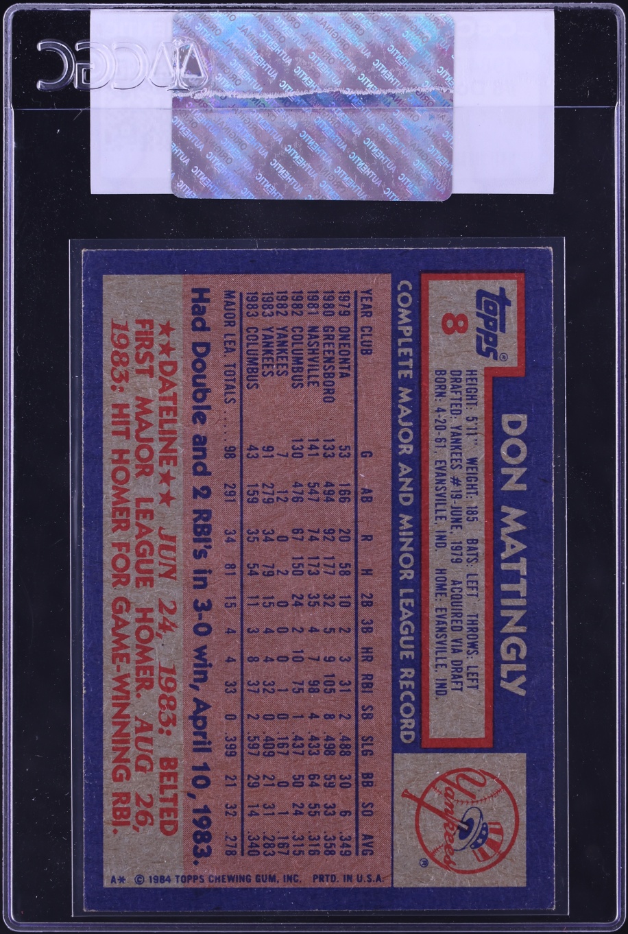 1984 Topps Don Mattingly #8 CGC AUTH