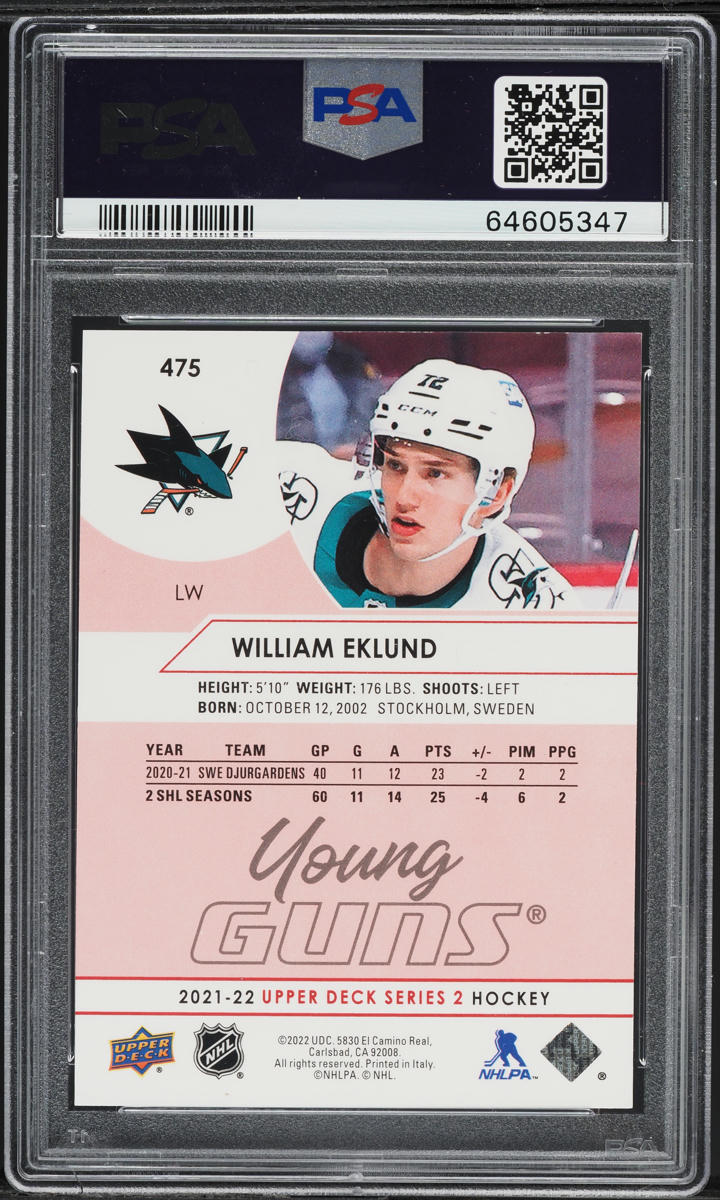 2021 Upper Deck Exclusives Young Guns William Eklund ROOKIE /100 #475 PSA 8