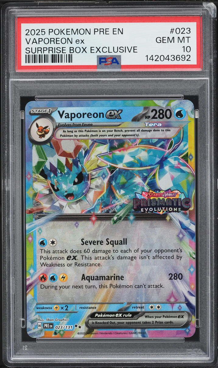 2025 Pokemon Scarlet & Violet Prismatic Evolutions Surprise Box Holo Vaporeon ex #23 PSA 10 GEM