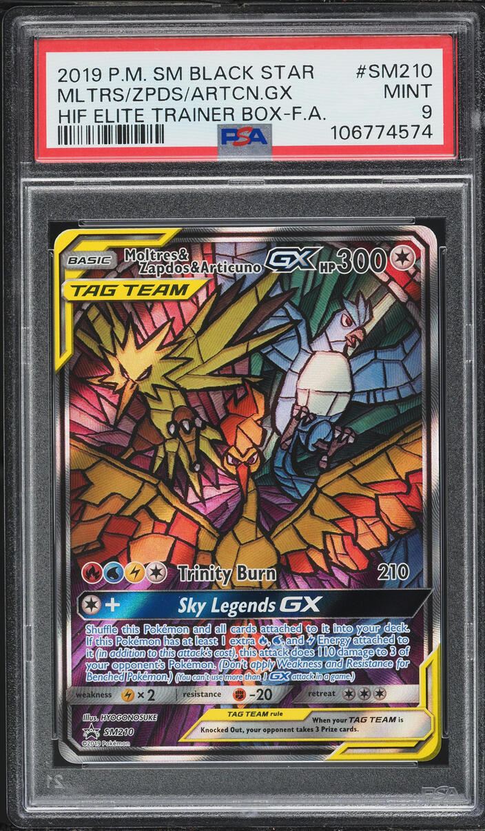 2019 Pokemon Sun & Moon Promo Hidden Fates ETB Moltres Zapdos Articuno GX #SM210 PSA 9 MINT