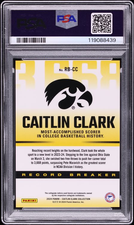 2024 Panini Collection Record Breaker Caitlin Clark ROOKIE #RB-CC PSA 8 NM-MT