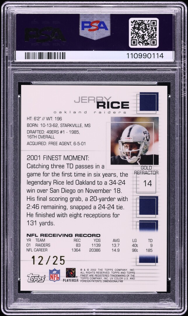 2002 Finest Gold Refractor Jerry Rice /25 #14 PSA 10 GEM MINT - Photo 2