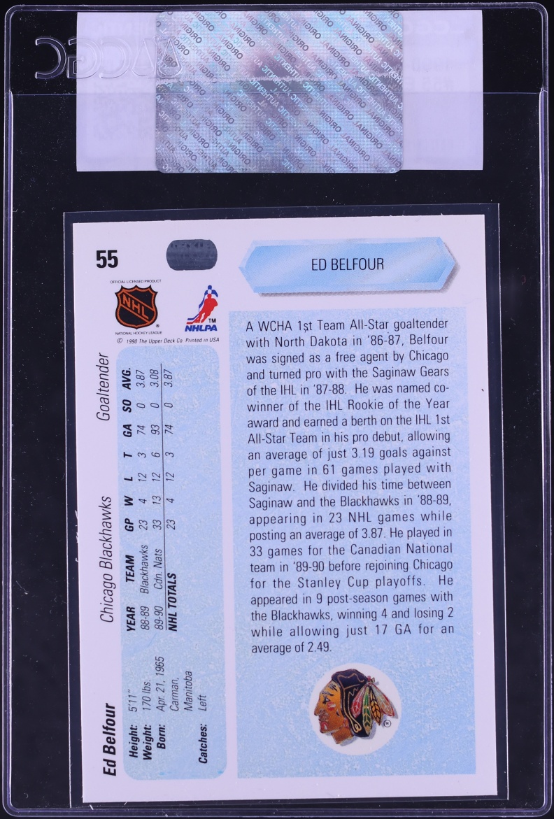 1990 Upper Deck Hockey Ed Belfour ROOKIE #55 CGC AUTH