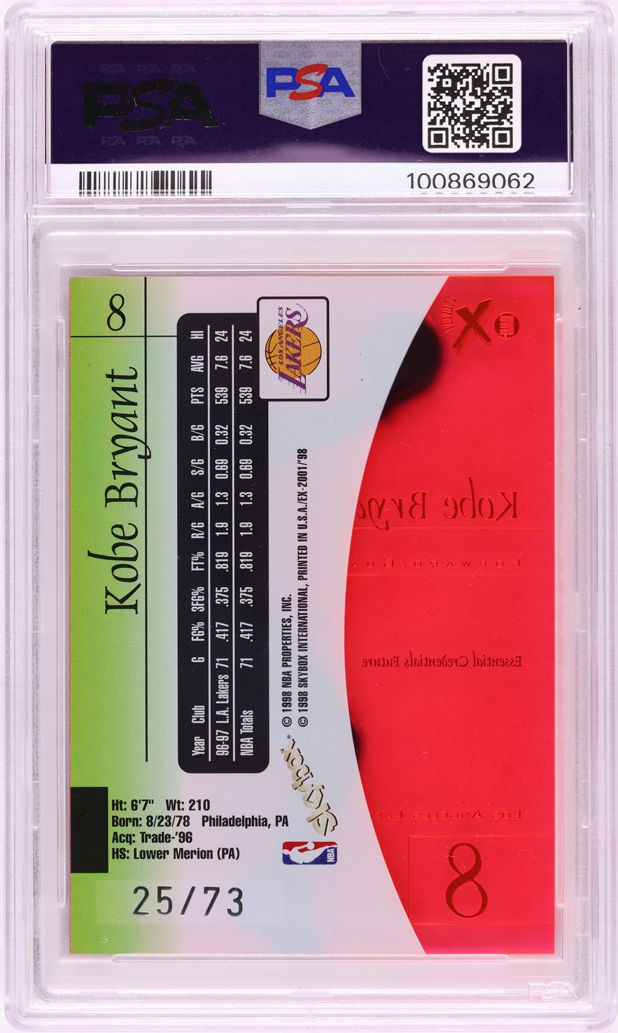 1997 Skybox E-X2001 Essential Credentials Future Kobe Bryant /73 #8 PSA 7 NRMT