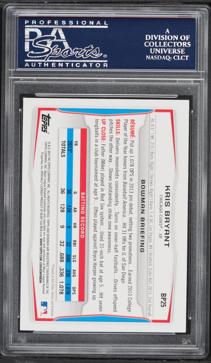 2014 Bowman Kris Bryant PROSPECT #BP25 BAS PSA 10 GEM MINT