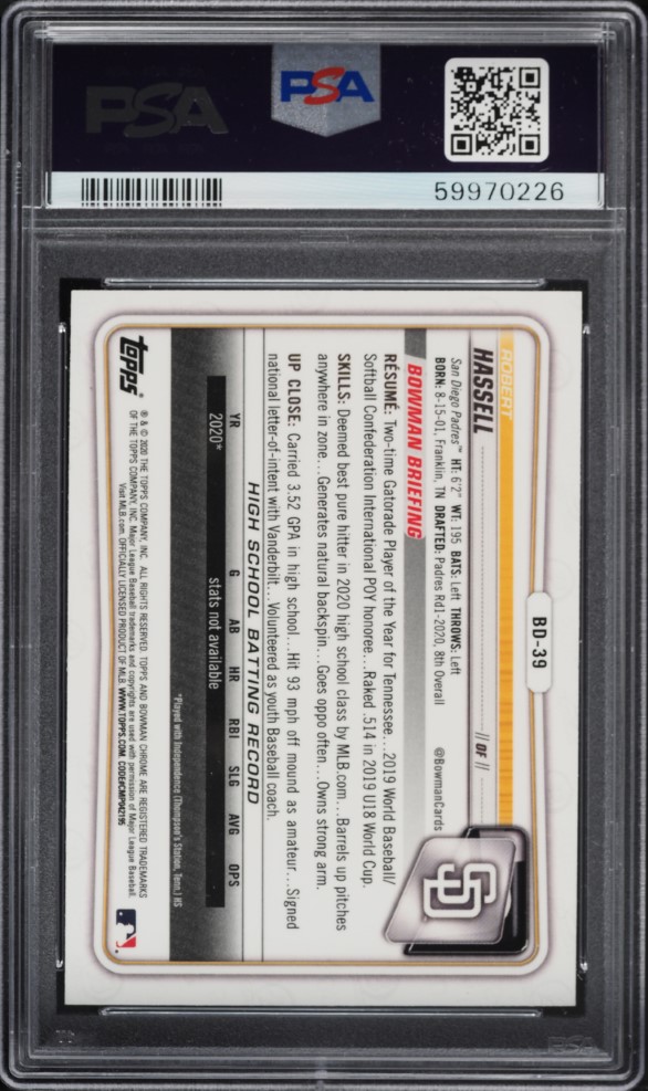 2020 Bowman Chrome Draft Robert Hassell PROSPECT #BD-39 PSA 10 GEM MINT