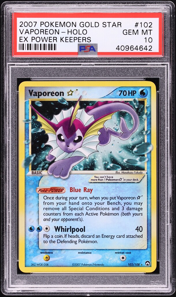 2007 Pokemon EX Power Keepers Holo Vaporeon Gold Star #102 PSA 10 GEM MINT