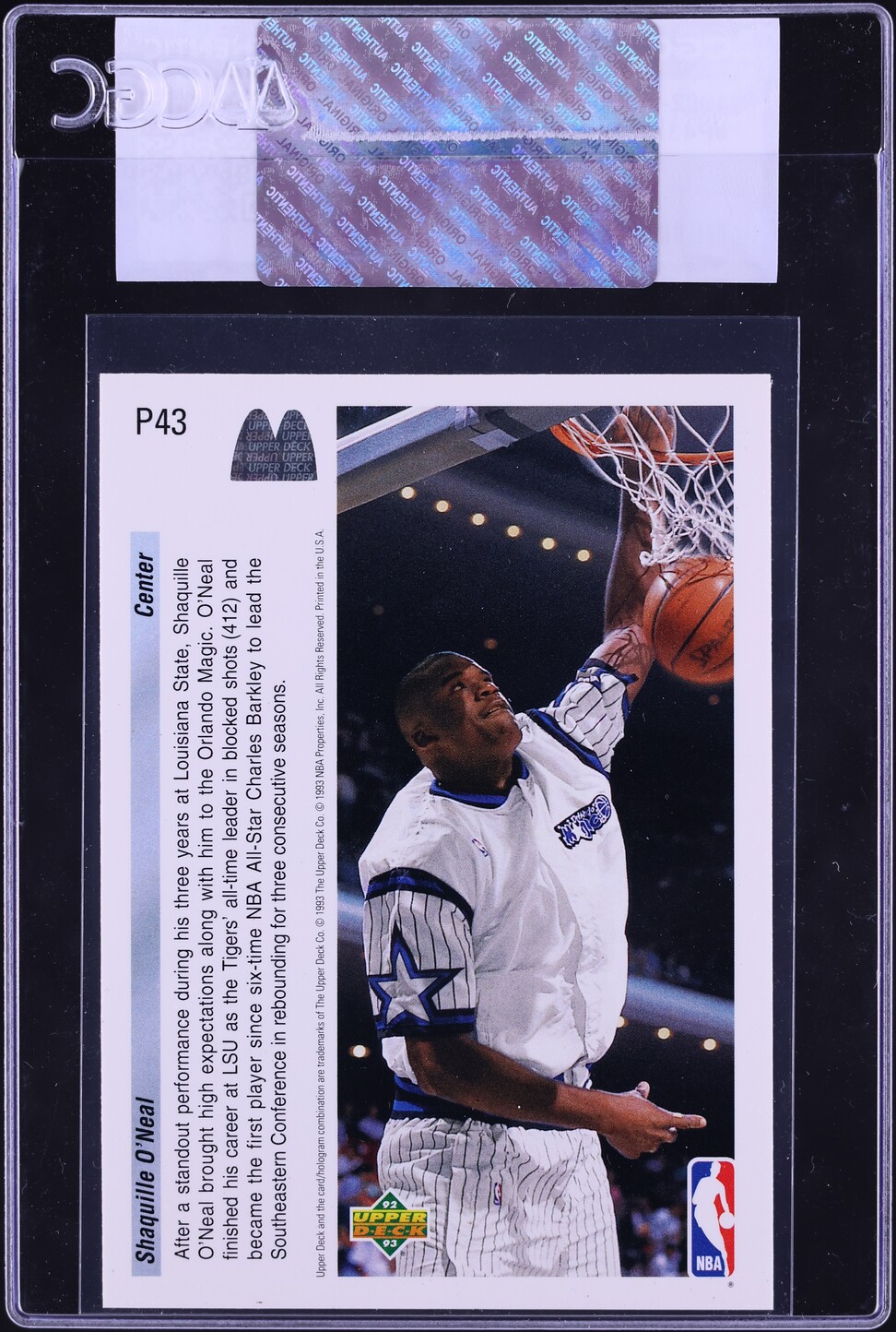 1992 Upper Deck McDonald's Shaquille O'Neal ROOKIE #P43 CGC AUTH