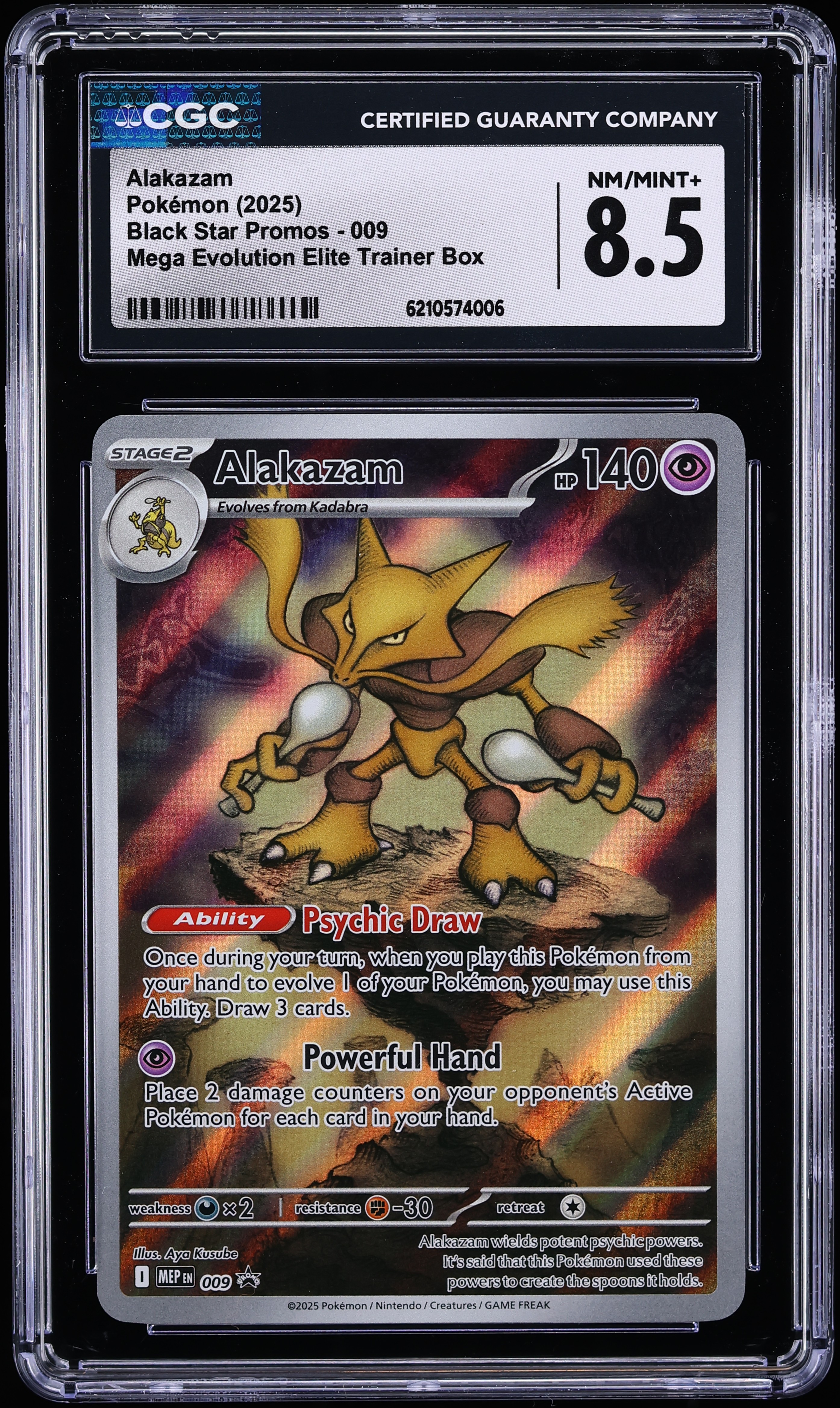 2025 Pokemon Mega Evolution Black Star Promo ETB Full Art Alakazam #9 CGC 8.5 NM-MT+