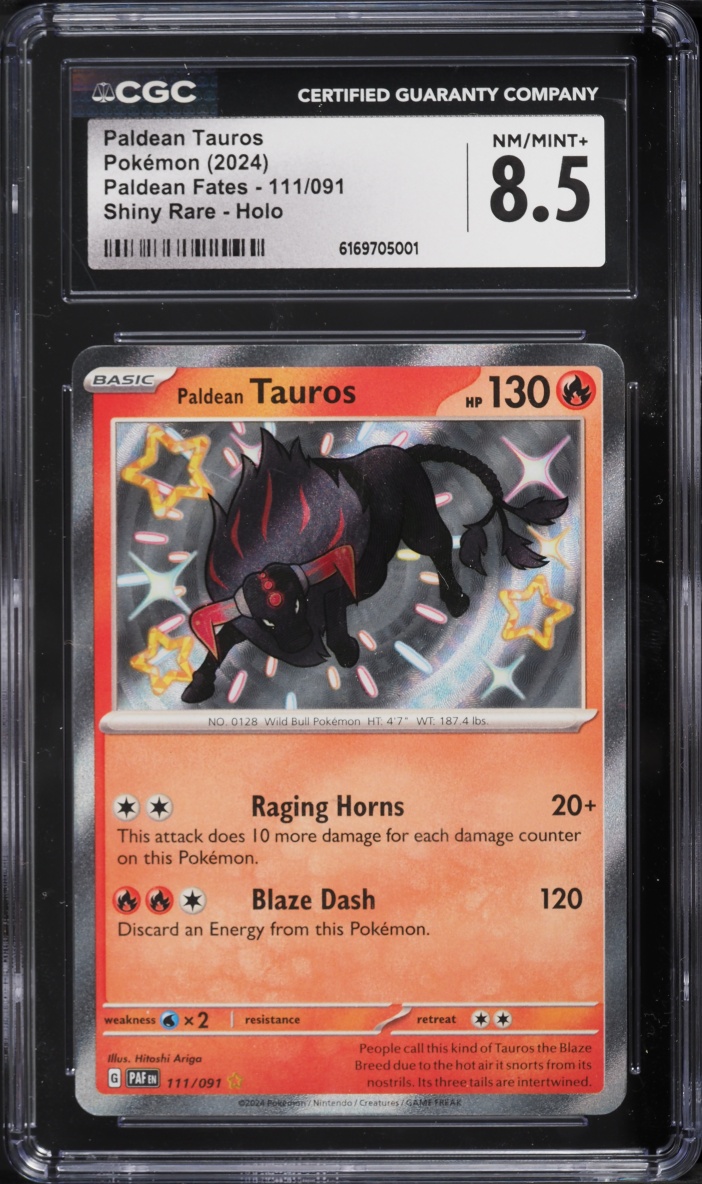 2024 Pokemon Scarlet & Violet Paldean Fates Holo Shiny Paldean Tauros #111 CGC 8.5 NM-MT+