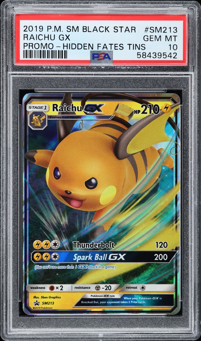 2019 Pokemon Sun & Moon Black Star Promo Hidden Fates Holo Raichu GX #SM213 PSA 10 GEM MINT