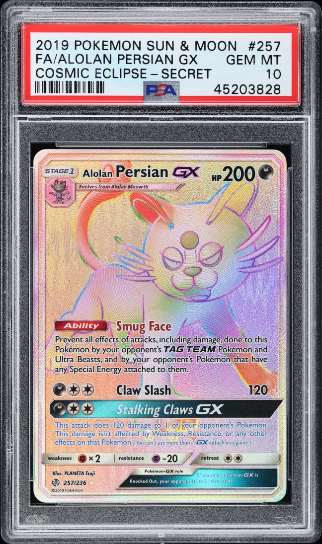2019 Pokemon Sun & Moon Cosmic Eclipse Rainbow Rare Alolan Persian GX #257 PSA 10 GEM MINT