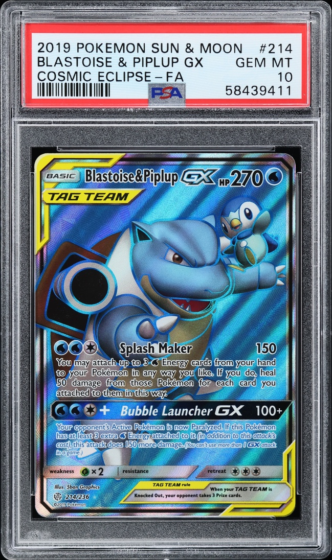 2019 Pokemon Sun & Moon Cosmic Eclipse Full Art Blastoise & Piplup GX #214 PSA 10 GEM MINT