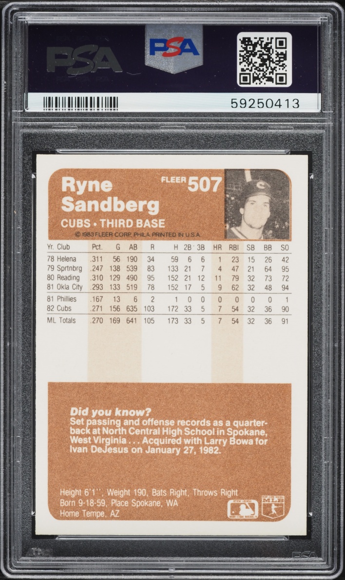 1983 Fleer Ryne Sandberg ROOKIE #507 PSA 9 MINT