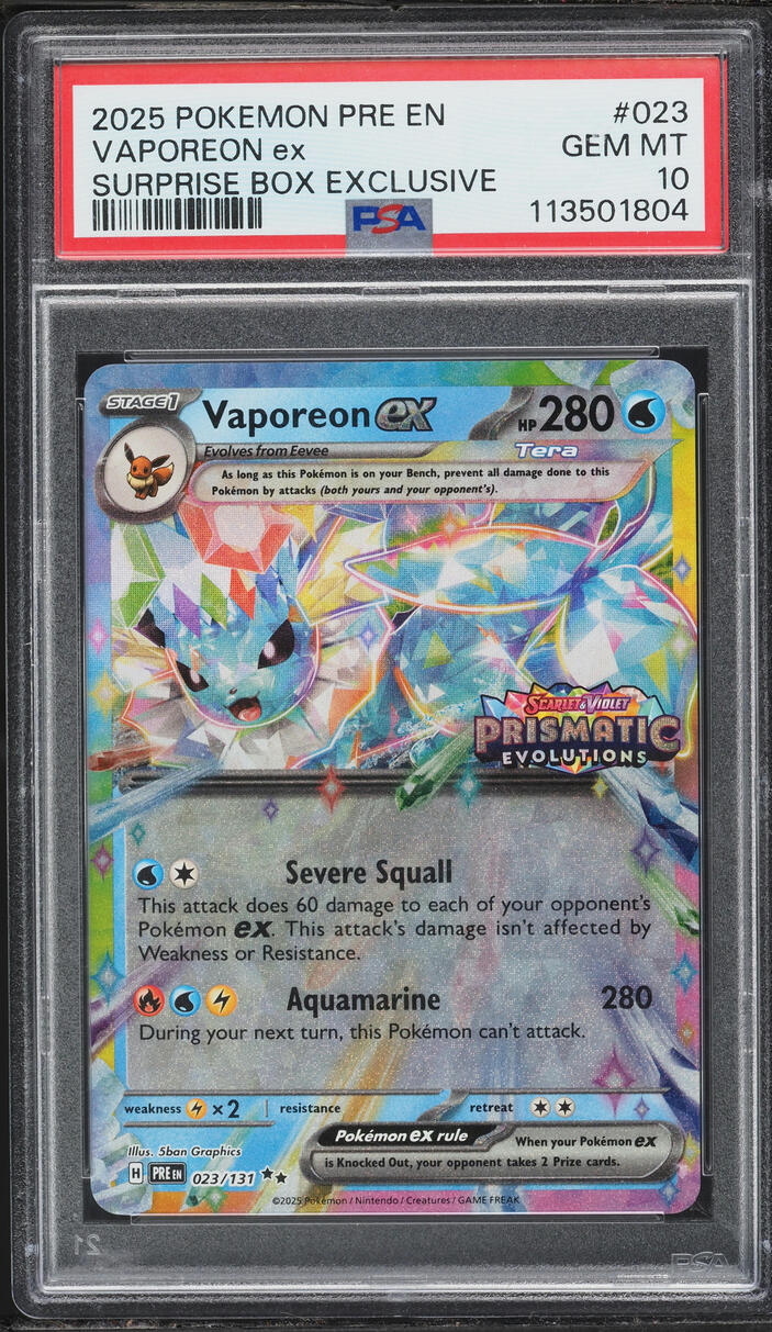 2025 Pokemon Scarlet & Violet Prismatic Evolutions Surprise Box Holo Vaporeon ex #23 PSA 10 GEM