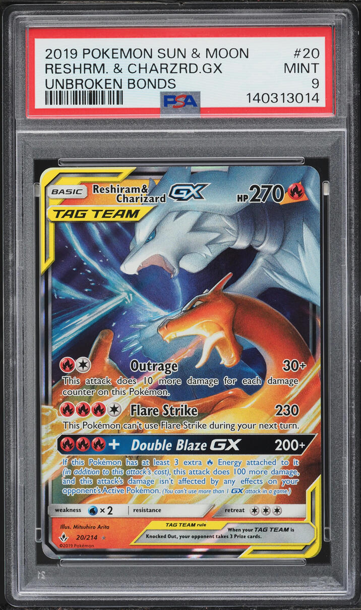 2019 Pokemon Sun & Moon Unbroken Bonds Reshiram & Charizard GX #20 PSA 9 MINT