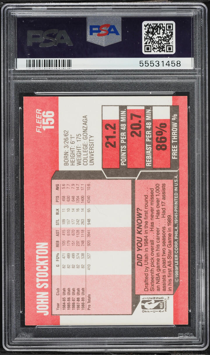 1989 Fleer Basketball John Stockton #156 PSA 9 MINT