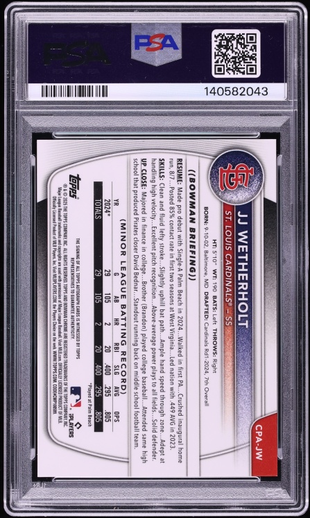 2025 Bowman Chrome Gold Refractor JJ Wetherholt PROSPECT AUTO /50 #CPA-JW PSA 10 GEM MINT