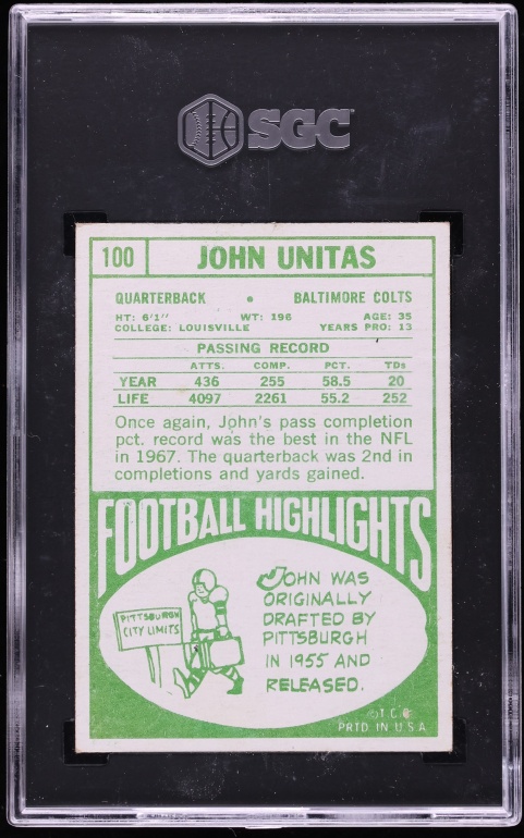 1968 Topps Football Johnny Unitas #100 SGC 2.5 GD+