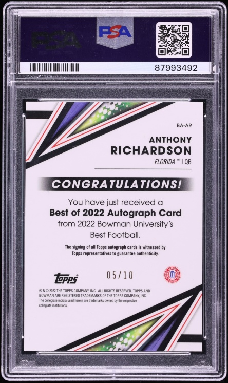 2022 Bowman's Best University Red Refractor Anthony Richardson ROOKIE AUTO /10 #BA-AR PSA 10