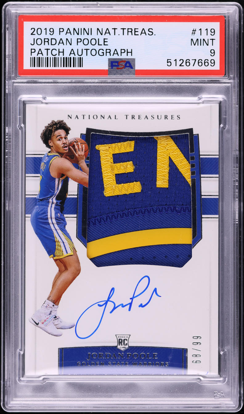2019 National Treasures Jordan Poole ROOKIE PATCH AUTO /99 #119 PSA 9 MINT
